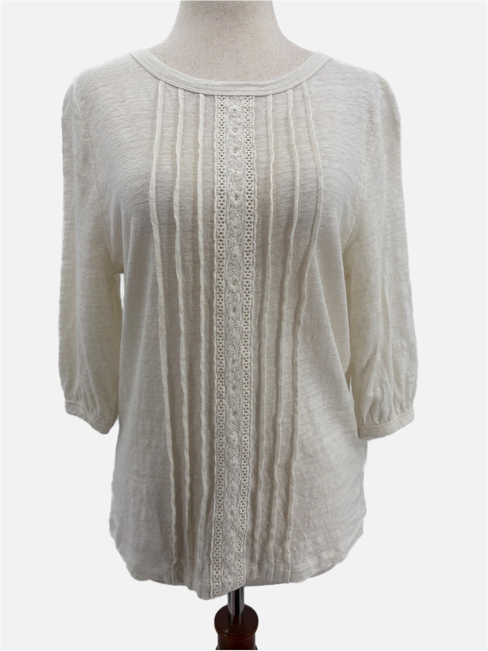 Cyrillus Paris 100% Linen Lace Pintuck Top Ecru Size XS 3/4 Sleeve